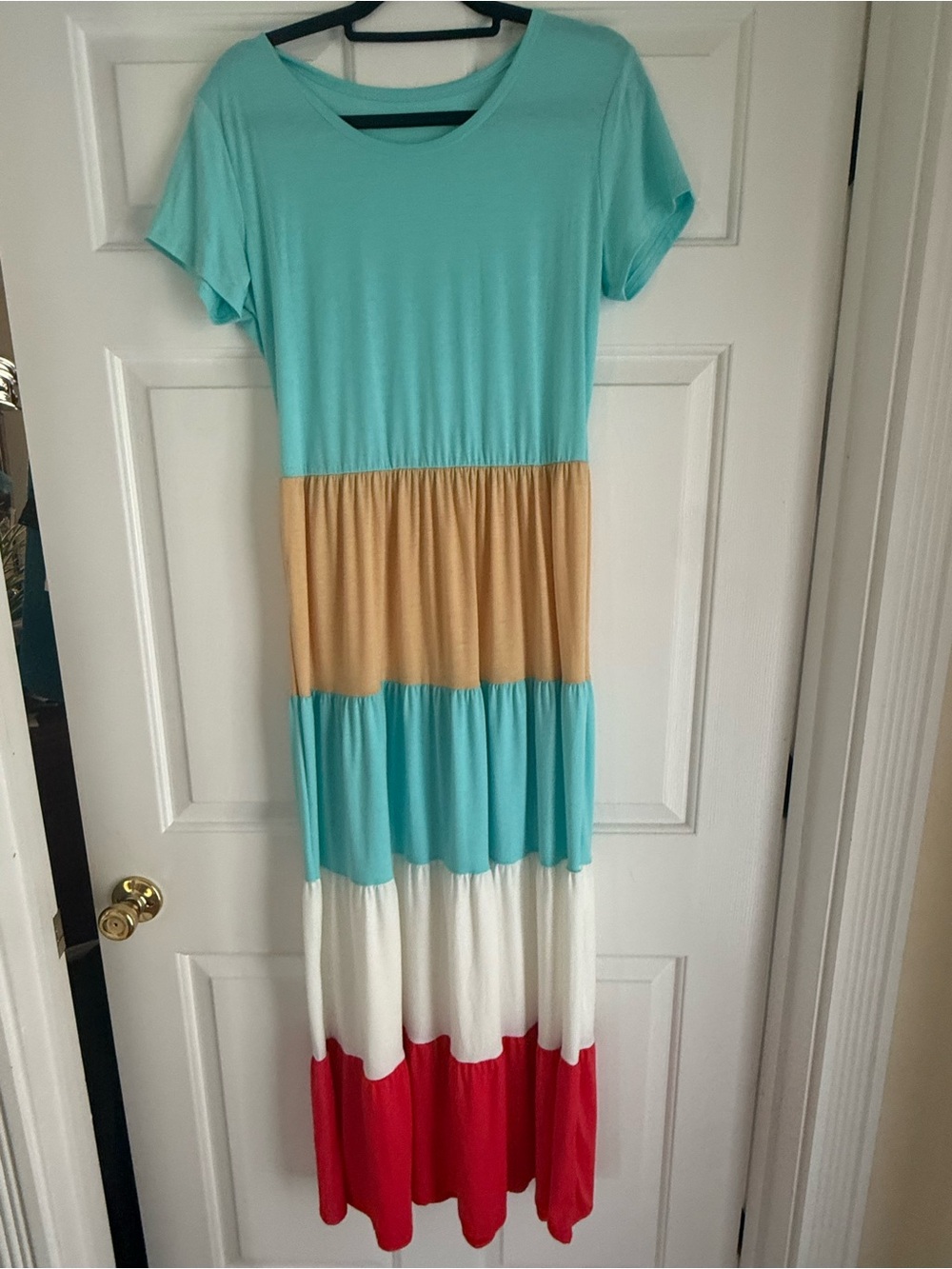 Colorblock Tiered Maxi Dress for Women - Aqua, Gold, White & Red
